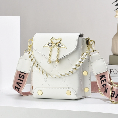 Borsa Tracolla Donna Pelle PU Trapuntata Cuore Fibbia Cigno Strass Perla Artificial Piccola Borsa Spalla Tracolla Larga