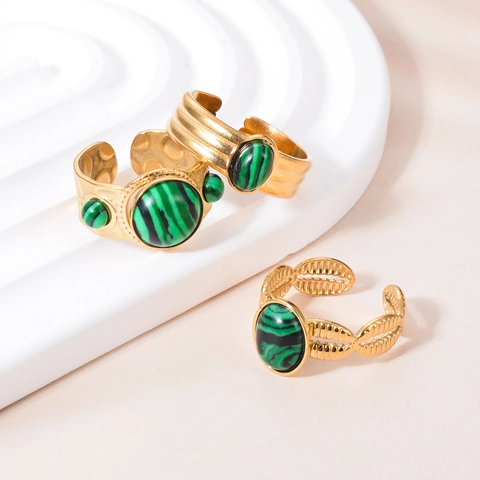 Vintage Malachiet Ring Roestvrij Staal 18K Verguld Natuursteen Verstelbaar Open Ontwerp Boheemse Stijl Voor Vrouwen