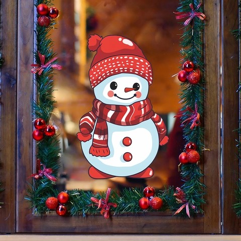 Calcomanías Ventana Muñeco De Nieve Navidad PVC Estática Pegatina Para Puerta Vidrio Decoración Hogar Dibujos Animados Rojo Blanco