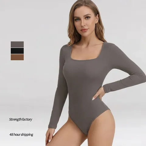Seamless Long Sleeve Bodysuit For Women Ribbed Knit High Elastic Square Neck Slim Fit Solid Color Sporty Casual Bodycon