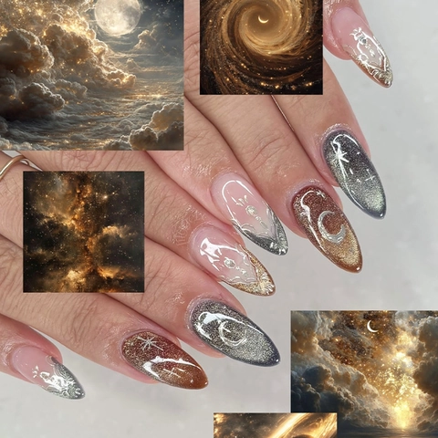 Uñas Postizas Press On Almendra Larga Ojo De Gato Cielo Estrellado Luna Estrella Diseño Galaxia Marrón Gris Para Mujeres