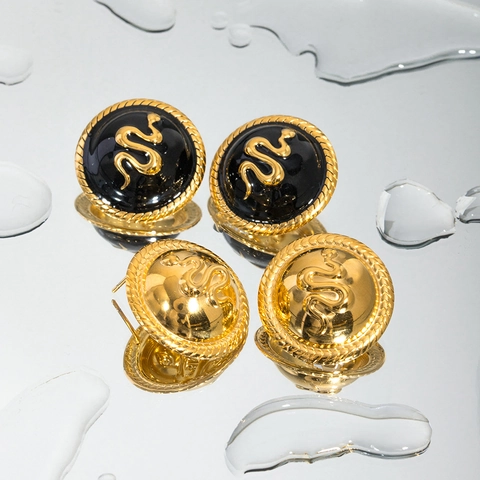 Orecchini Tondi Con Medaglione Serpente Vintage E Anello Regolabile Acciaio Inossidabile Placcato Oro 18K Rilievo Smalto