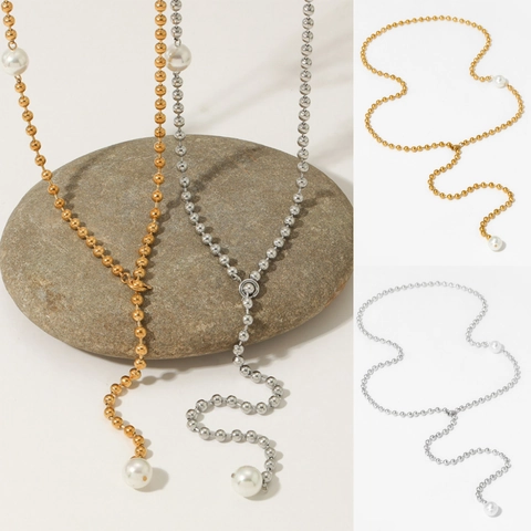 Collana Lariat A Forma Di Y Minimalista Acciaio Inossidabile Perla Artificial Catena A Sfere Lunga Gioielli Impermeabile Donna