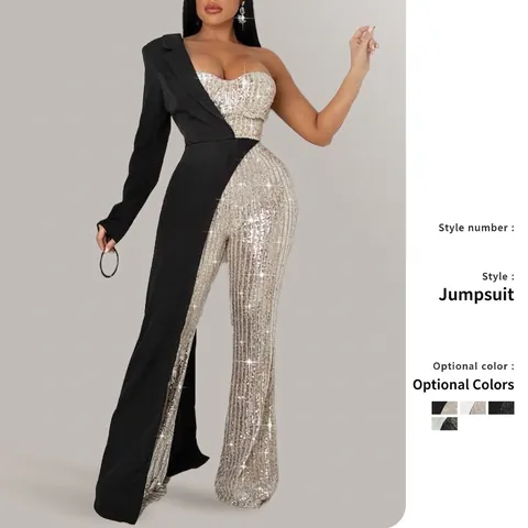 Damen Asymmetrischer Jumpsuit Mit Einem Ärmel Pailletten Patchwork Blazer Kragen Weites Bein Party Elegant