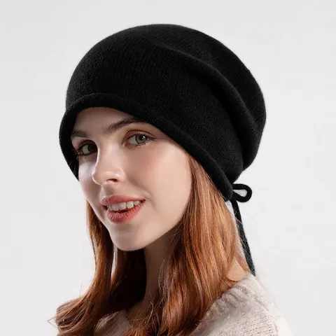 Gorro De Punto Para Mujer Invierno Slouchy Beanie Acrílico Cálido Transpirable Color Sólido Cordón Ajustable