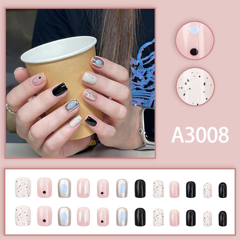 Short Square Round Press On Nails Mirror Silver Metallic Polka Dot Blue Black Sweet Cool Style DIY Manicure