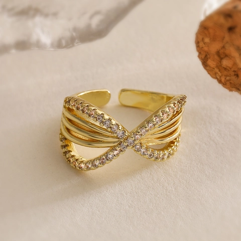 Anello Aperto Geometrico Minimalista In Rame Placcato Oro Vero Zircone Croce Multistrato Regolabile Da Donna