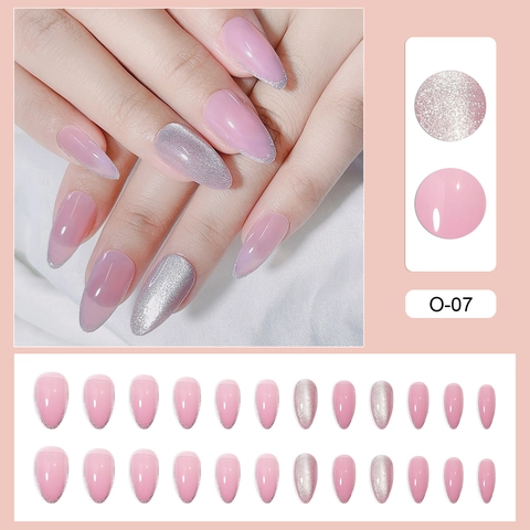 Cat Eye Press On Nägel Rosa Silber Glitzer French Tip Mandel Künstliche Falsche Fingernägel Glänzend Maniküre