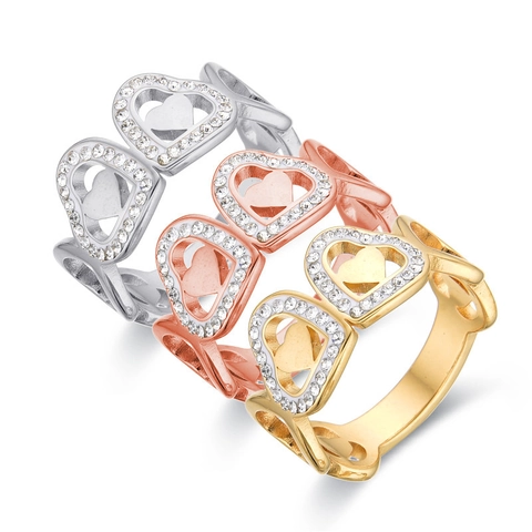 Stainless Steel Hollow Double Heart Rhinestone Ring Women Fashion All-Match Gold Silver Rose Gold Plated Finger Ring Jewelry