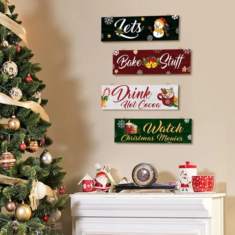 Christmas Wooden Hanging Signs Wooden Wall Decor For Front Door Party Festive Home Ornaments Painted Winter Holiday