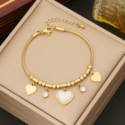 Collana Multistrato Con Pendente A Cuore In Acciaio Inossidabile Placcato Oro Con Intarsio In Conchiglia E Künstliche Perle