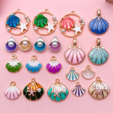 Ocean Theme Shell Starfish Charms Alloy Enamel Drip Oil With Faux Artificial Pearl Rhinestone For DIY Jewelry Making Crafts