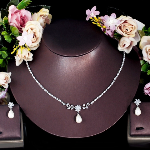 Luxury Copper Zirconia Teardrop Artificial Pearl Necklace And Earring Jewelry Set For Women Elegant Wedding Party Jewelry
