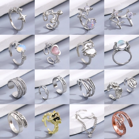 Trendy Copper Adjustable Open Rings For Women Cubic Zirconia Faux Artificial Pearl Heart Bow Star Finger Jewelry Accessory