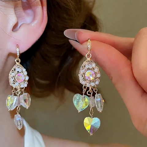 Heart Crystal Dangle Earrings For Women Alloy Rainbow Iridescent Water Drop Tassel With Silver Earring Post