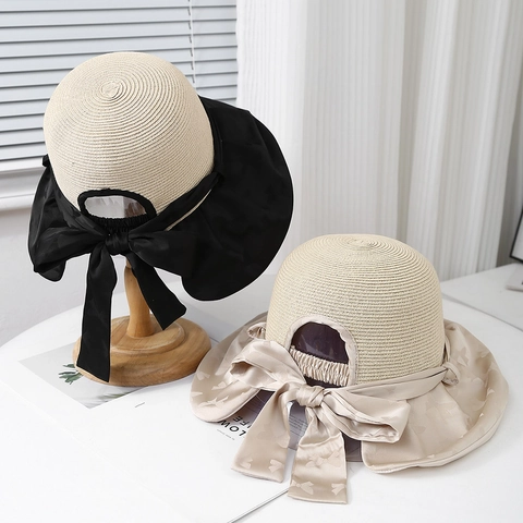 Damen Sommer Sonnenhut Strohgeflecht Große Schleife Breite Krempe Fischerhut Schwarz Vinyl UV Schutz Elegant Faltbar