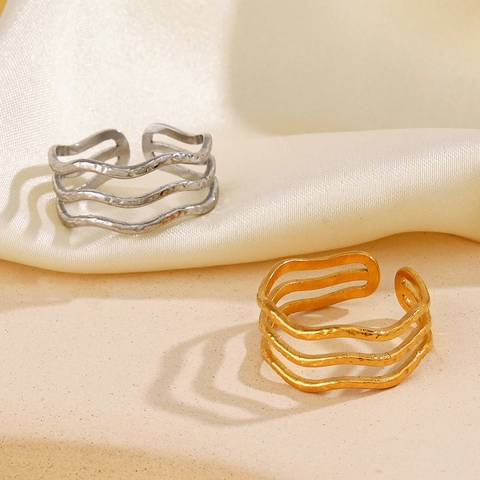 Layered Wave Open Ring Stainless Steel Hammered Texture Minimalist Adjustable Band Jewelry For Women