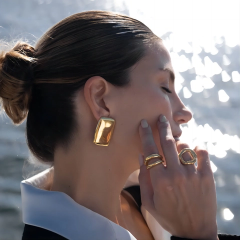 Pleated Tofu Block Stud Earrings 18K Gold Plated Titanium Steel Geometric Irregular Hammered Minimalist Jewelry For Women