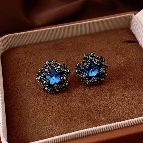 Vintage Star Stud Earrings Alloy Blue Crystal Rhinestone Inlaid Silver Earring Post Jewelry For Women