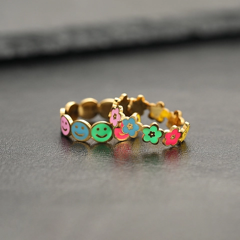 Edelstahl Verstellbare Offene Ringe Bunte Emaille Smiley Gesicht Blume Herz Süßer Schmuck Für Frauen