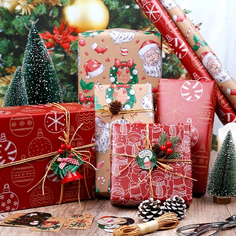 Christmas Wrapping Paper Kraft Paper Vintage Multi Pattern Holiday Gift Wrap DIY Crafting Festive Party Decoration