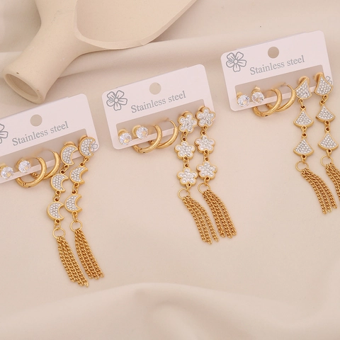Edelstahl Vergoldet Straß Quaste Ohrringe Geometrisch Mond Blume Herz Hängend Stecker Hoop Damen Schmuck