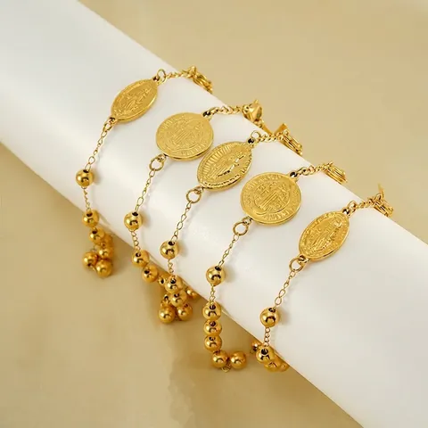 Religious Rosary Bracelet 18K Gold Plated Stainless Steel Cross Pendant Virgin Mary St Benedict Medal Beads Fashion Jewelry