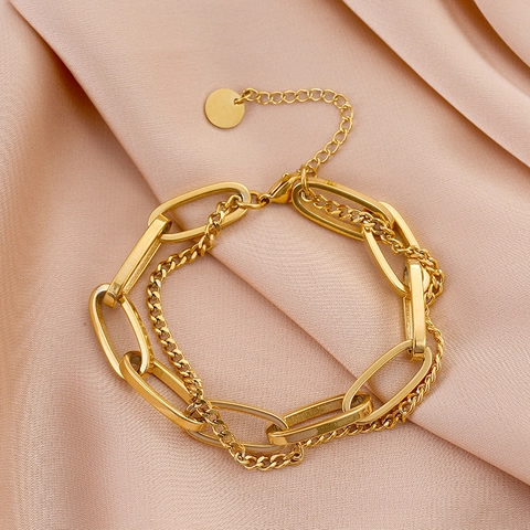 Bracciale a Doppio Strato in Acciaio al Titanio Vintage per Donna Placcato Oro Catena a Maglie Ovali Catena Curb Con Pendente Rotondo