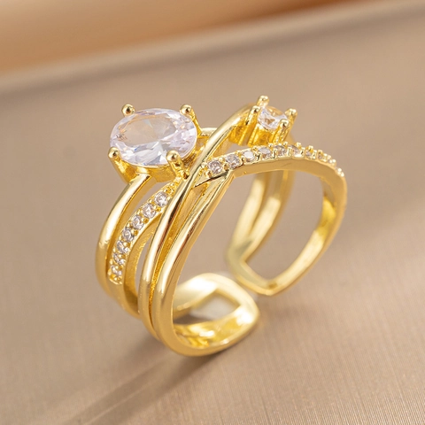Anello In Rame Regolabile Design Incrociato Multistrato Con Zircone Per Donna Stile Di Moda Minimalista