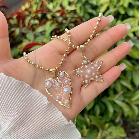 Heart Star Pendant Necklace Imitation Artificial Pearl Gold Tone Copper Ball Chain Sweet Hollow Jewelry For Women Romantic Style