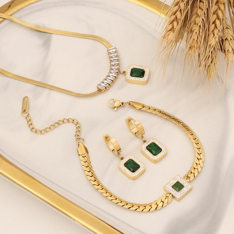 Women Jewelry Golden Stainless Steel Square Emerald Green Cubic Zirconia Pendant Snake Chain Necklace Bracelet Earrings