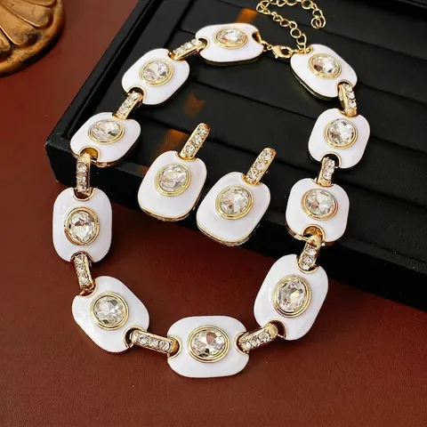 Necklace And Earrings Vintage Geometric Alloy Rhinestone Enamel With Silver Earring Post Elegant Jewelry For Women
