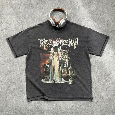 Herren Oversized Baumwoll T-Shirt Vintage Washed Gothic Swordsman Print Streetwear Drop Shoulder Rundhalsausschnitt Tee