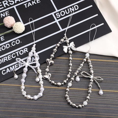 Cinturino per Cellulare Fatto a Mano Con Perla Artificiale Lega Fiocco Ciondolo a Cuore Strass Catena Anti-smarrimento Donna Fotocamera