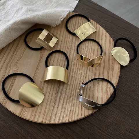 Minimalist Metal Ponytail Cuff Hair Ties Brushed Geometric Alloy Elastic Hair Bands For Women Vintage Hair Accessories