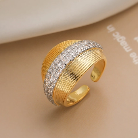 Wide Band Open Ring Gold Plated Copper With Pave White Zircon Geometric Texture Vintage Adjustable Jewelry For Women