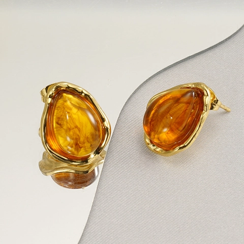 Pendientes De Gota De Agua Acero Inoxidable Chapado En Oro De 18K Resina Estilo Francés Vintage Para Mujer Joyería Elegante