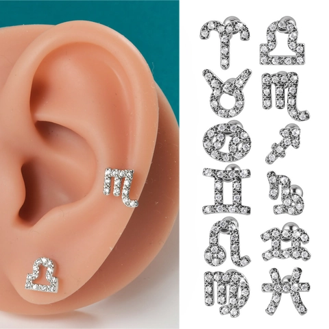 Zodiac Constellation Ear Bone Stud Earrings With Stainless Steel Earring Post Copper Zircon Piercing Screw Back Fashion Jewelry