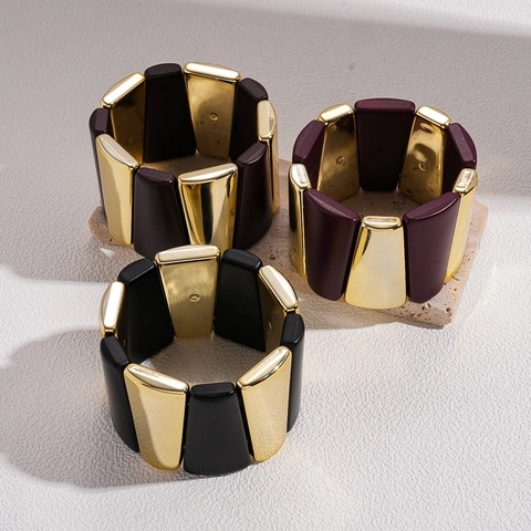 Acryl En Legering Elastische Brede Bangle Geometrische Patchwork Manchetarmband Retro Mode-Sieraden Voor Dames