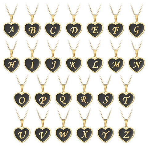 Collar Inicial Corazón Chapado Oro 18K Acero Inoxidable Esmalte Negro Colgante Letra Joyas Para Mujer