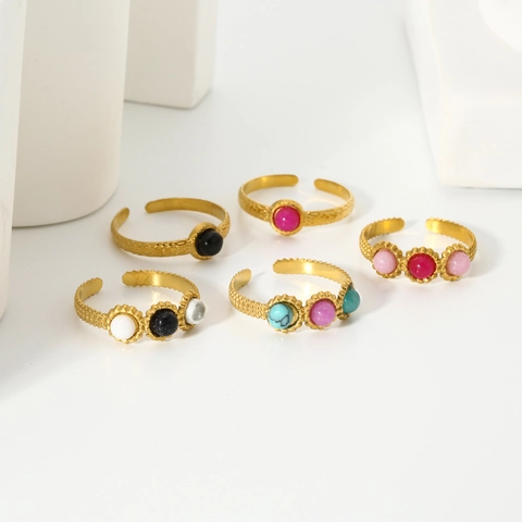 Vintage Stainless Steel Open Ring Natural Stone Colorful Adjustable Hammered Texture Bohemian Jewelry For Women