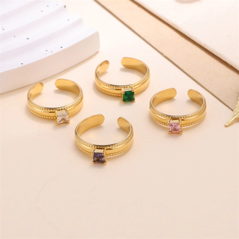 18K Gold Plated Stainless Steel Open Ring For Women INS Style Geometric Zirconia Inlaid Adjustable Square Finger Ring
