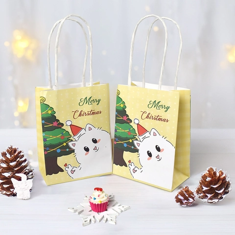 Christmas Gift Paper Bags Small Cartoon Cat Dog Kraft Holiday Party Favor Packaging With Handles