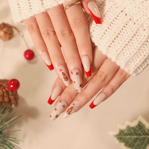 Christmas Press-on Nails Plastic Artificial False Fingernails Snowflake Gingerbread Design Coffin Shape Festive Holiday Manicure