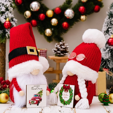 Gnomi Di Natale Bambole Di Gnomi Con Cappello In Maglia Rossa Con Insegne In Legno Ornamenti Per Feste Rudolf Figurine