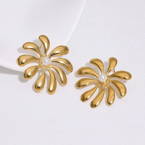 Pendientes De Botón De Flor Bañados En Oro De 18K Acero Inoxidable Perla Artificial Joyería Retro Francesa Elegante Para Mujer
