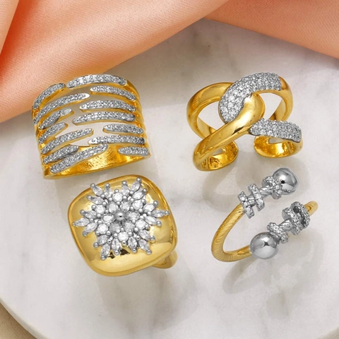 Adjustable Rings Copper 18k Gold Plated Zircon Snowflake Geometric Layered Intertwined Elegant Jewelry For Women