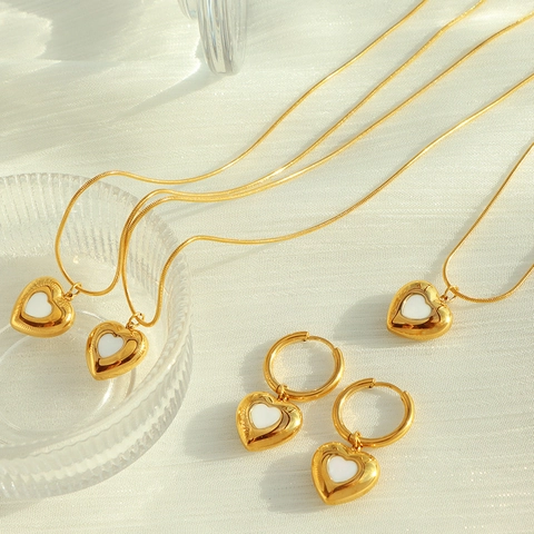 Heart Pendant Necklace And Earrings Stainless Steel White Shell Inlay Gold Plated Snake Chain Jewelry For Women Elegant