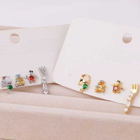 Mermaid Fish Crab Fork Stud Earrings Brass With Colorful Cubic Zirconia Cartoon Cute Jewelry For Women