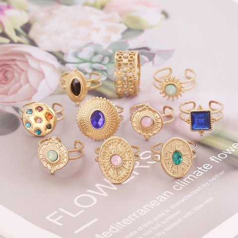 Anelli In Acciaio Inossidabile Da Donna Vintage Boho Design Aperto Regolabile Zircone Colorato Motivo Sole Gioielli